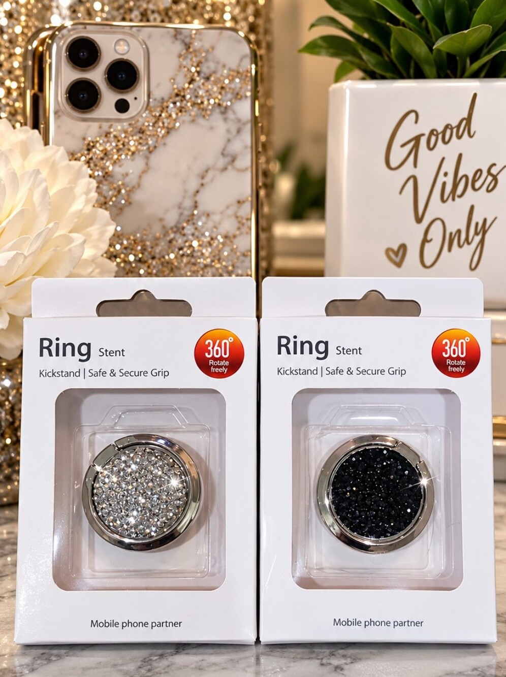2 Ring Stent Mobile Phone Kickstand - Silver and Black NEW